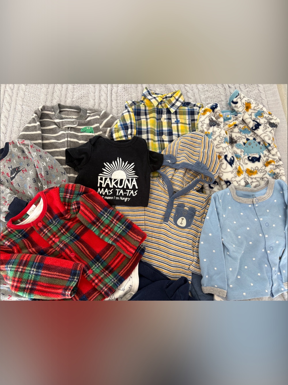 Mixed Baby Clothing Bundle - Plaid, Stripes & Graphic Onesies